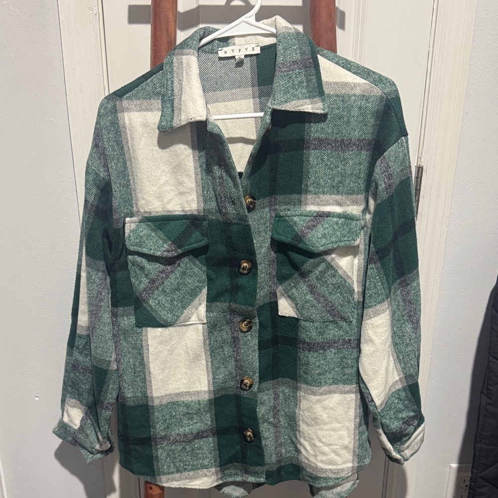 Green and White Plaid Button-Up Jacket